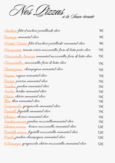 Carte des pizzas à la sauce tomate 1/2 carte des pizzas sauce tomate 1/2